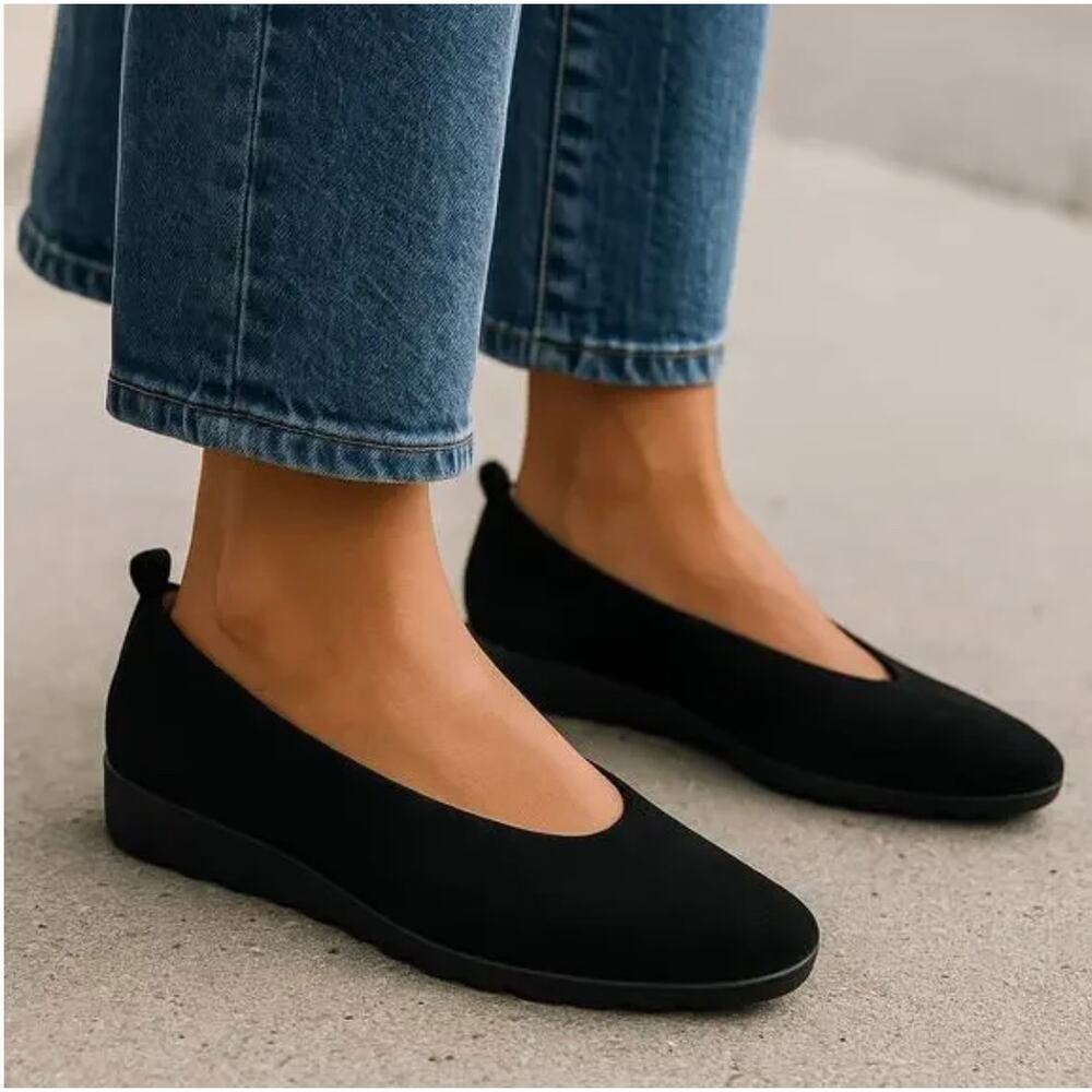 Eileen Fisher Womens 8.5 Black Suede Wedge Slip-On Ballet Flats Minimalist Luxe